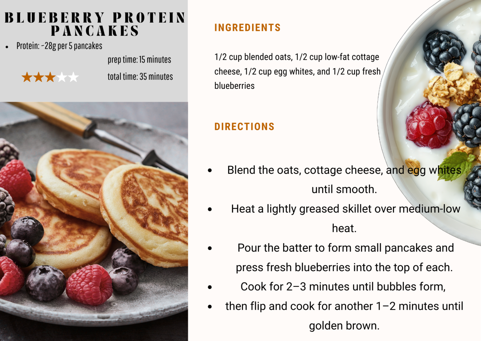 Blueberry Protein Pancakes stack with fresh blueberries and maple syrup - gym meal prep breakfast