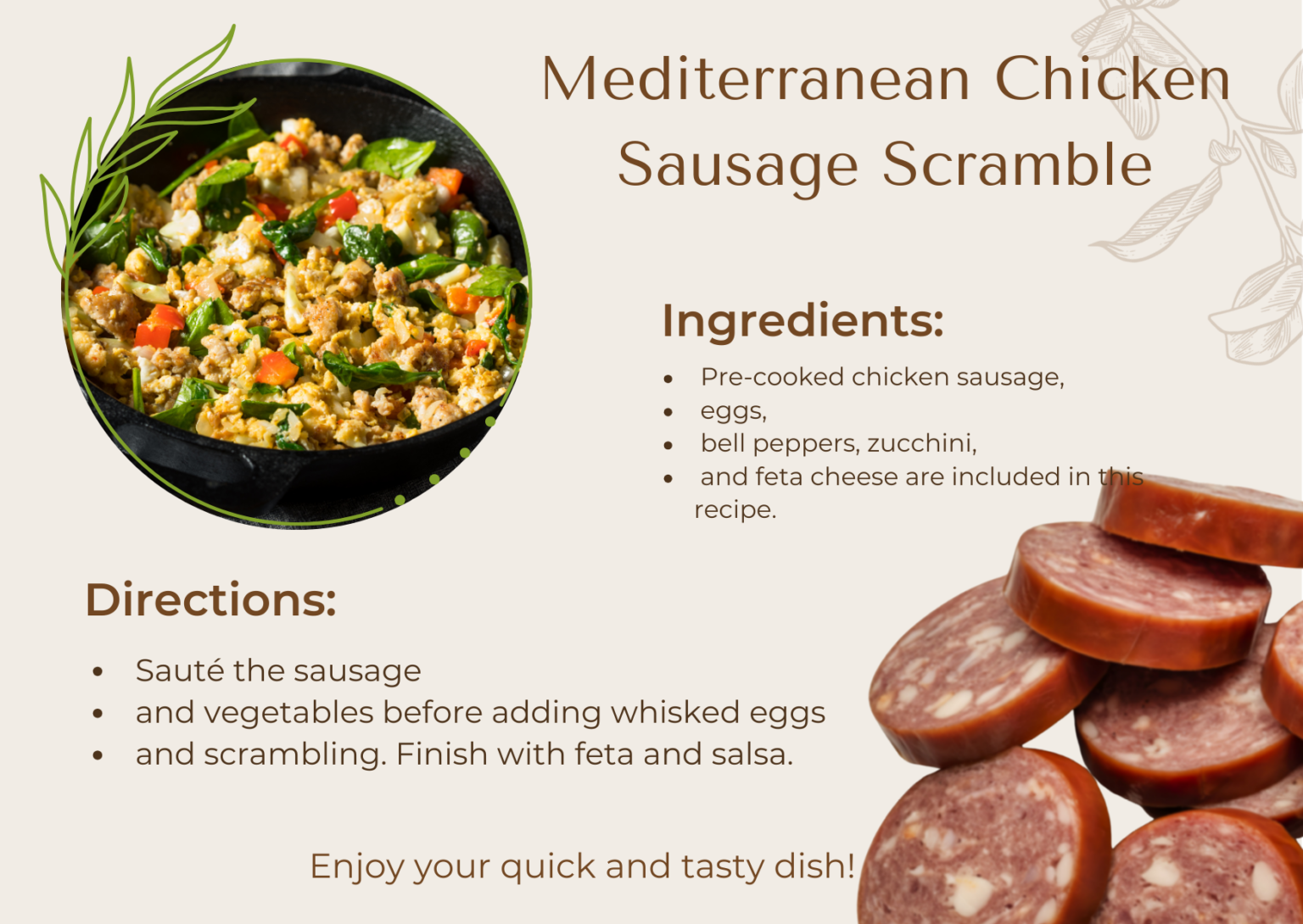 Mediterranean Chicken Sausage Scramble with eggs and feta - high protein gym breakfast