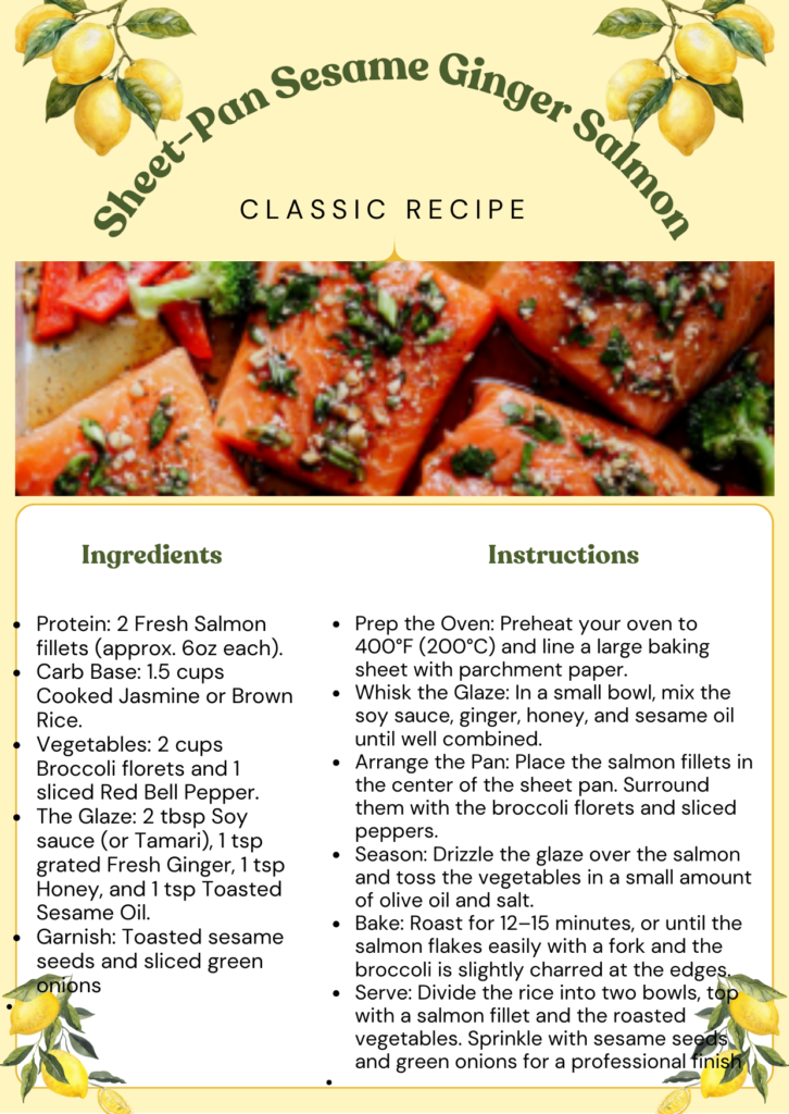Sheet Pan Sesame Ginger Salmon with broccoli snap peas - high protein post workout dinner recipe