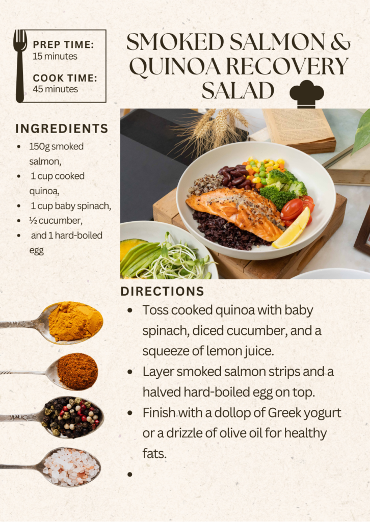 Smoked Salmon Quinoa Recovery Salad with cucumber avocado and lemon dressing - post workout meal